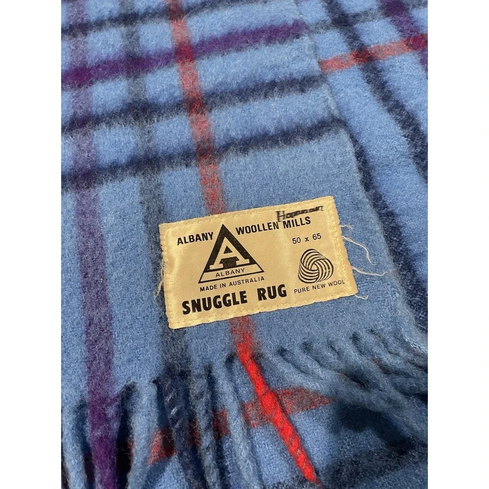 Vtg Albany Woollen Mills Blanket Australian 100% Wool Snuggle Rug Blue 51